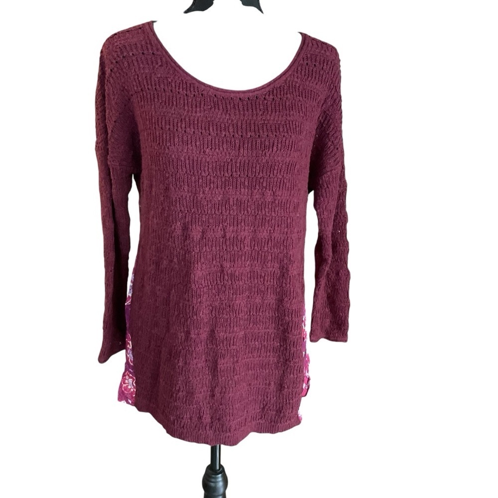 Lucky Brand Burgundy Crochet Knit Mixed Media Back Top NWT Size M
